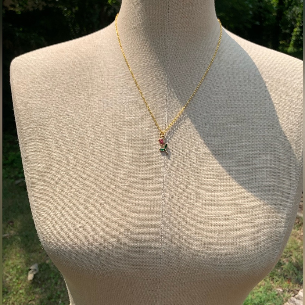 NWT Sterling Silver Plated Chain, Enamel Rose Flower Alloy Charm Neckkace - Picture 2 of 15